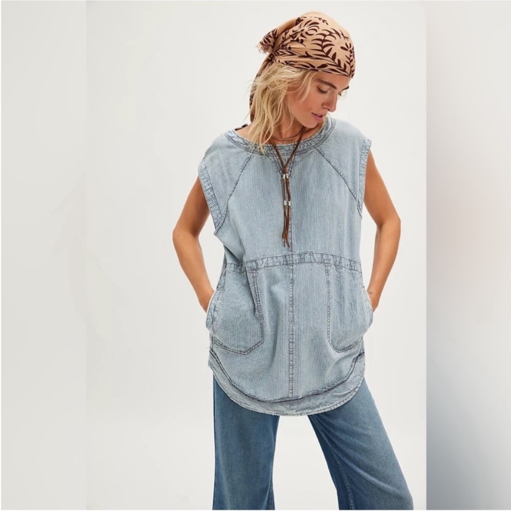 Free People Light Blue Denim Tunic Top